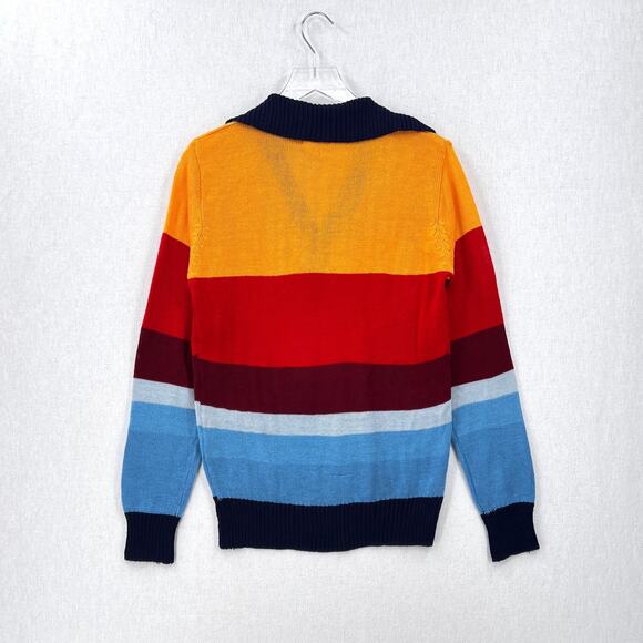 VINTAGE 70s Rainbow Sweater Mens Long Sleeve Polo California Dreamin COLLEGE MAN - Picture 2 of 16